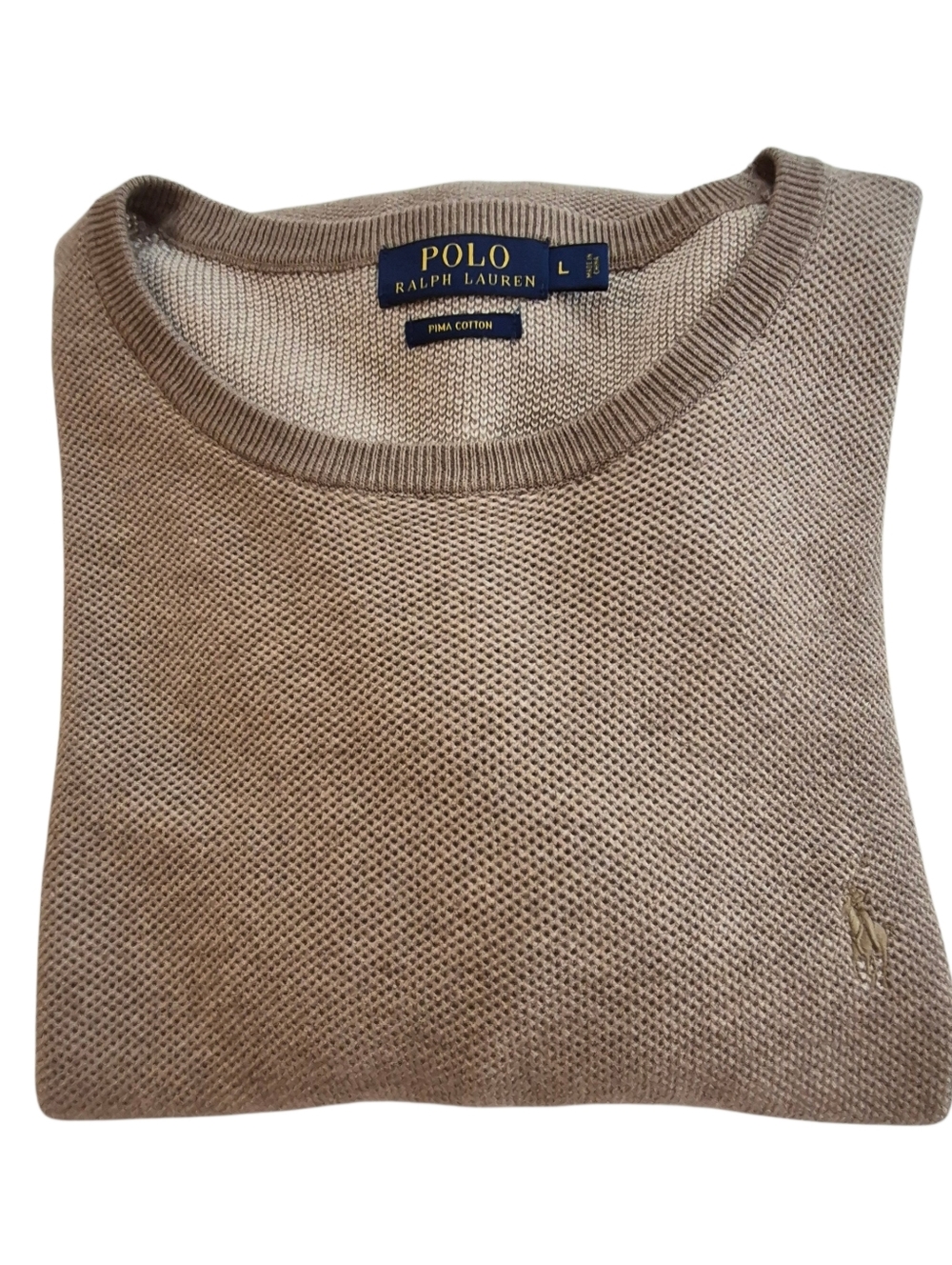Polo Ralph Lauren Pima Cotton Crewneck Sweater Textured Knit Beige Tan Large L